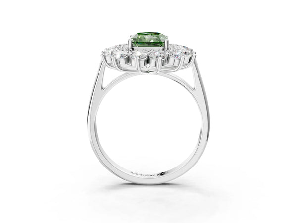 Platinum Fancy Green Radiant Cut Halo Cluster Diamond Ring with Pave Band and Four-Prong Setting