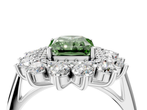White gold Fancy Green Radiant Cut Halo Cluster Diamond Ring with Pave Band and Four-Prong Setting_16