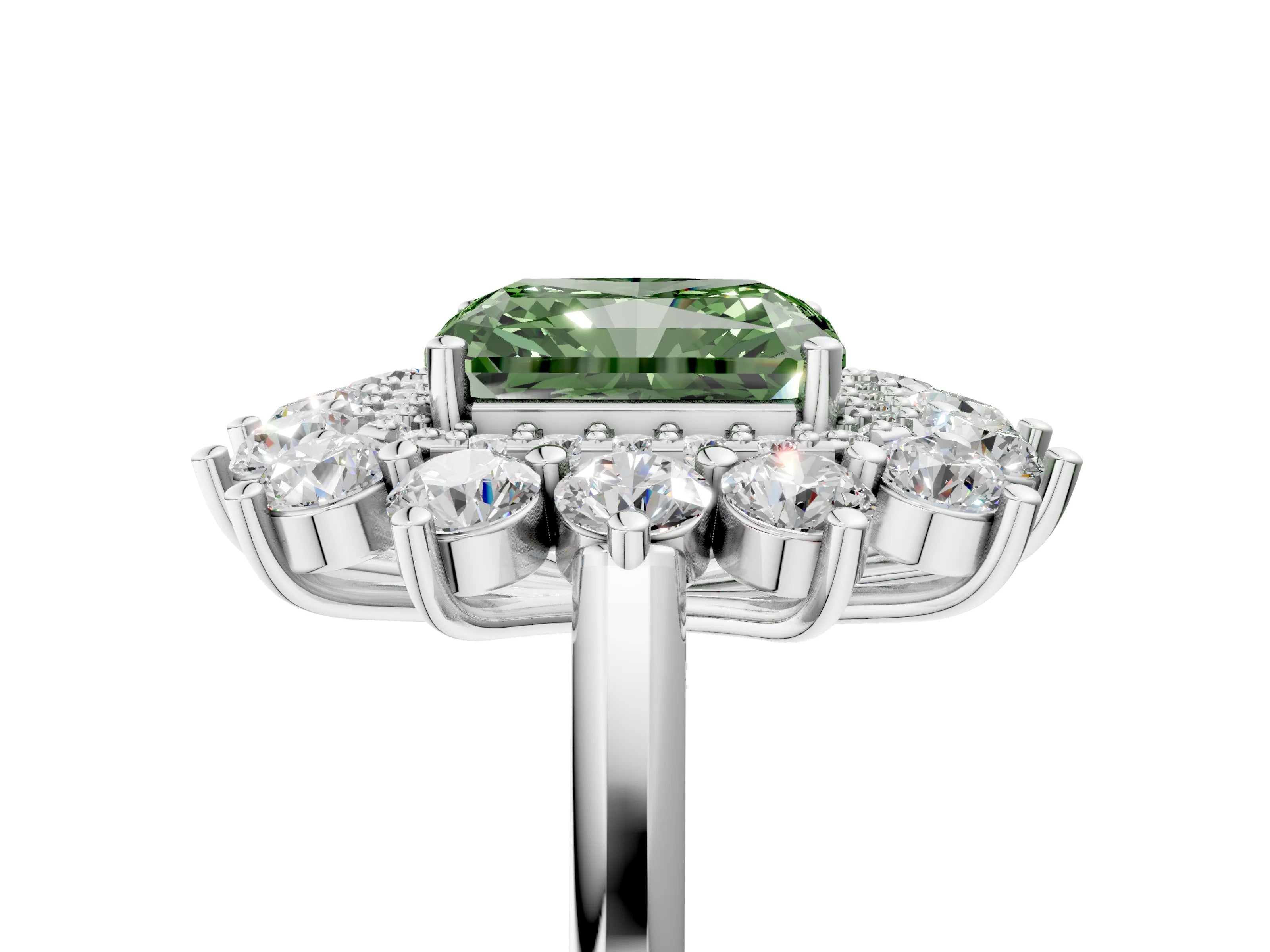 White gold Fancy Green Radiant Cut Halo Cluster Diamond Ring with Pave Band and Four-Prong Setting_17