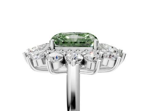 White gold Fancy Green Radiant Cut Halo Cluster Diamond Ring with Pave Band and Four-Prong Setting_17