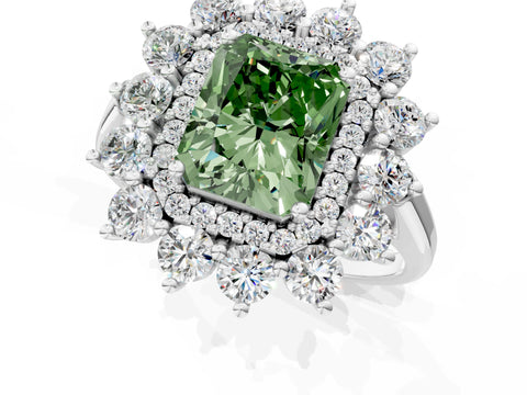 White gold Fancy Green Radiant Cut Halo Cluster Diamond Ring with Pave Band and Four-Prong Setting_1