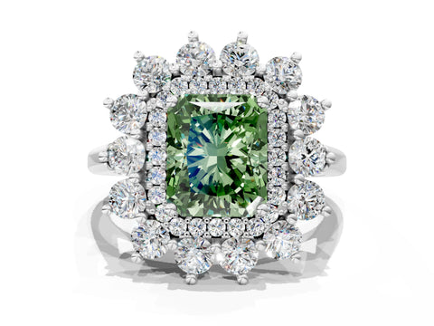 White gold Fancy Green Radiant Cut Halo Cluster Diamond Ring with Pave Band and Four-Prong Setting