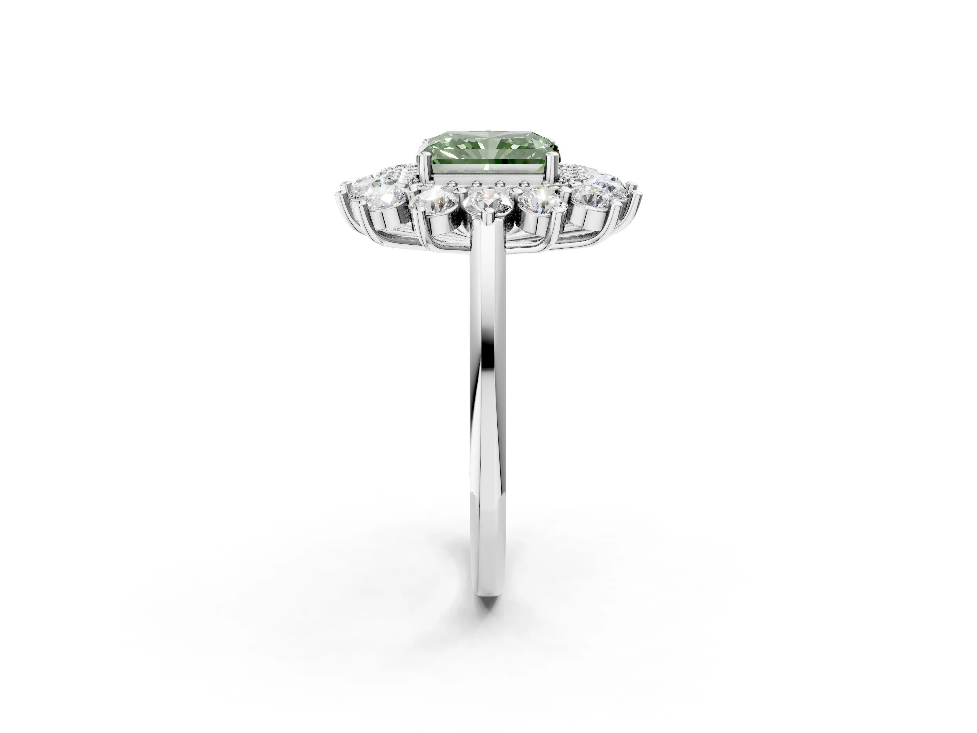 White gold Fancy Green Radiant Cut Halo Cluster Diamond Ring with Pave Band and Four-Prong Setting_2