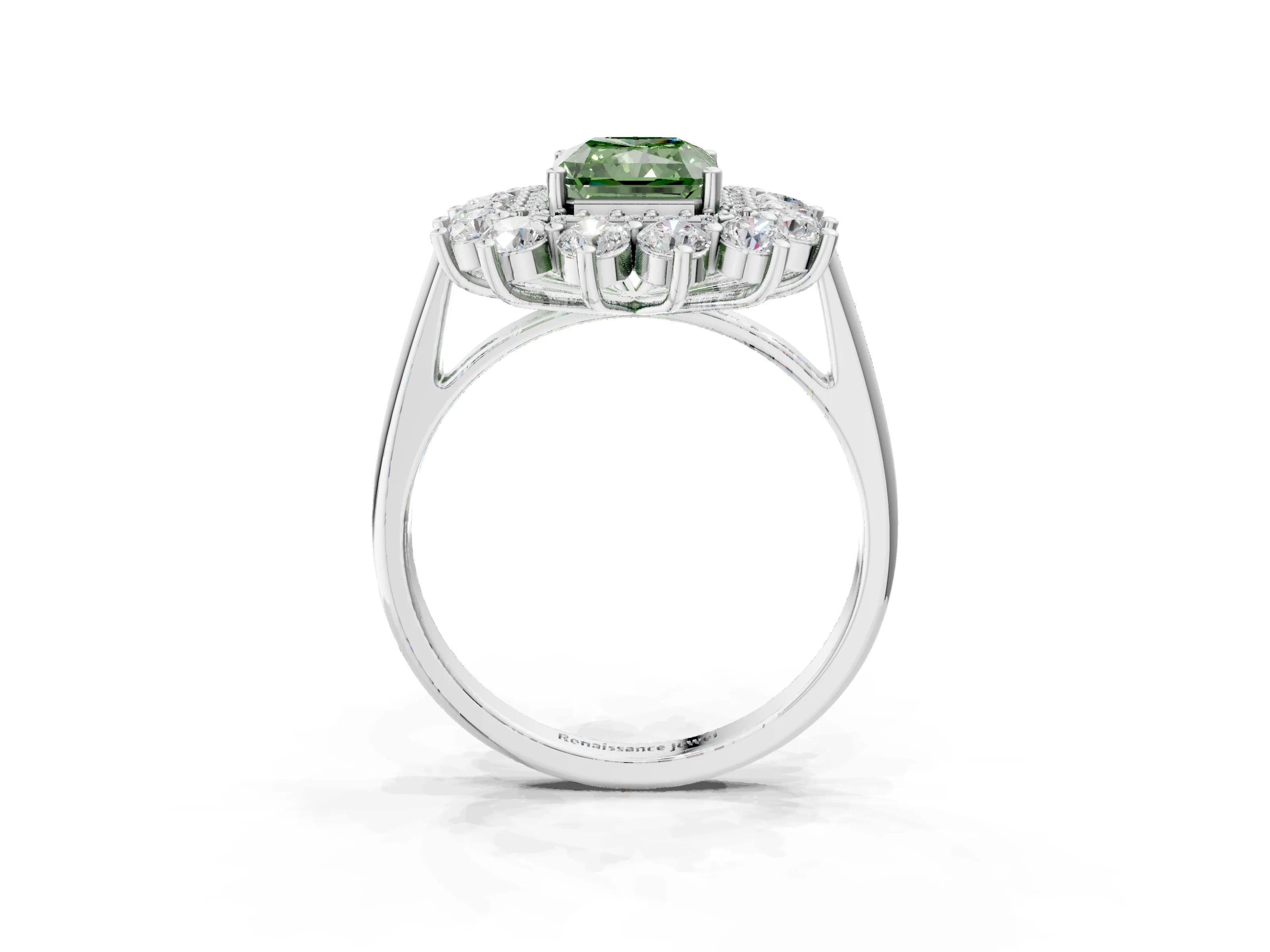 White gold Fancy Green Radiant Cut Halo Cluster Diamond Ring with Pave Band and Four-Prong Setting_3