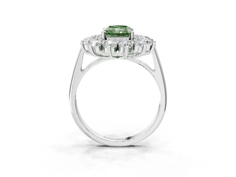 White gold Fancy Green Radiant Cut Halo Cluster Diamond Ring with Pave Band and Four-Prong Setting_3