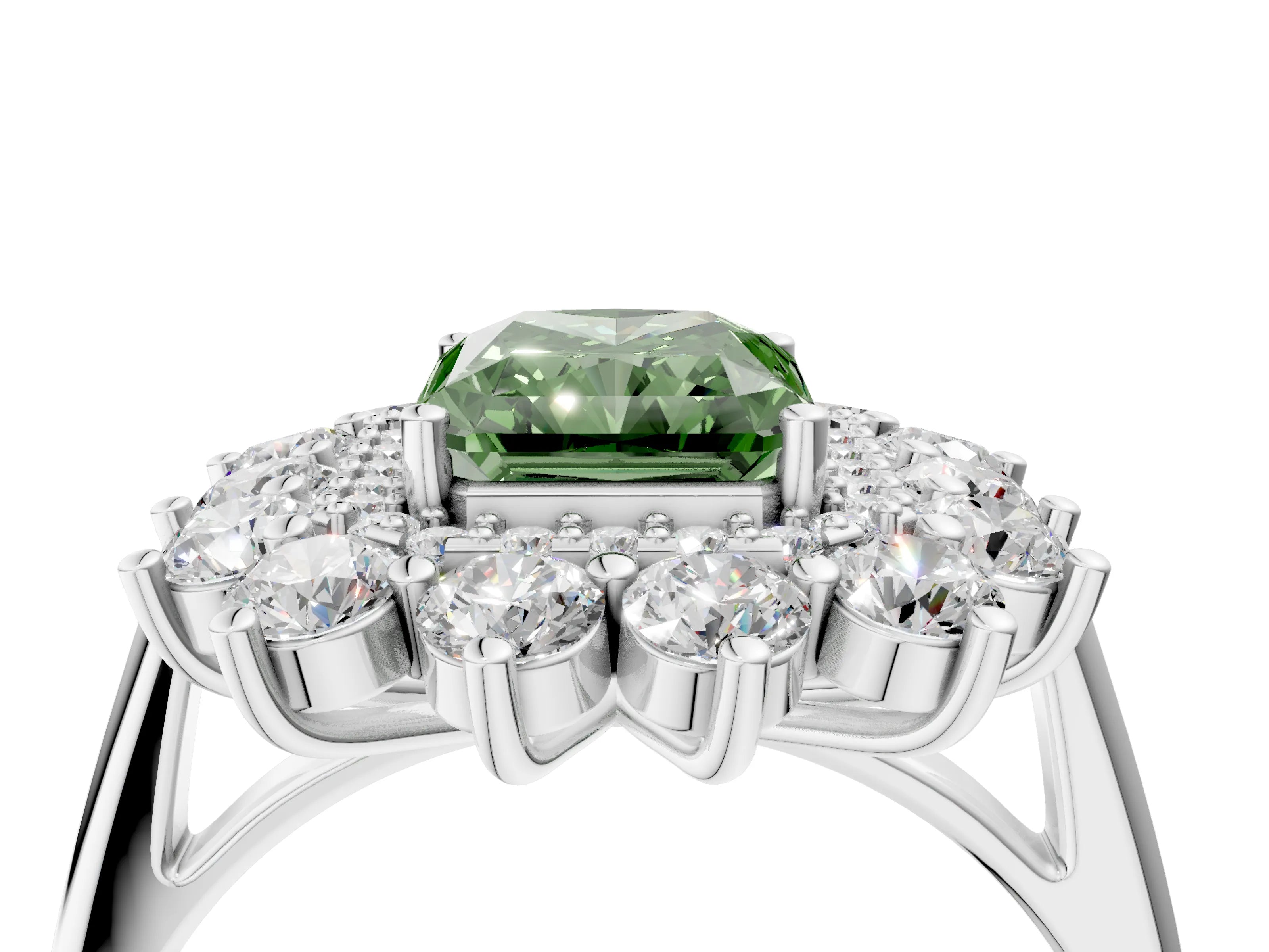 White gold Fancy Green Radiant Cut Halo Cluster Diamond Ring with Pave Band and Four-Prong Setting_4