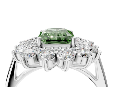 White gold Fancy Green Radiant Cut Halo Cluster Diamond Ring with Pave Band and Four-Prong Setting_4
