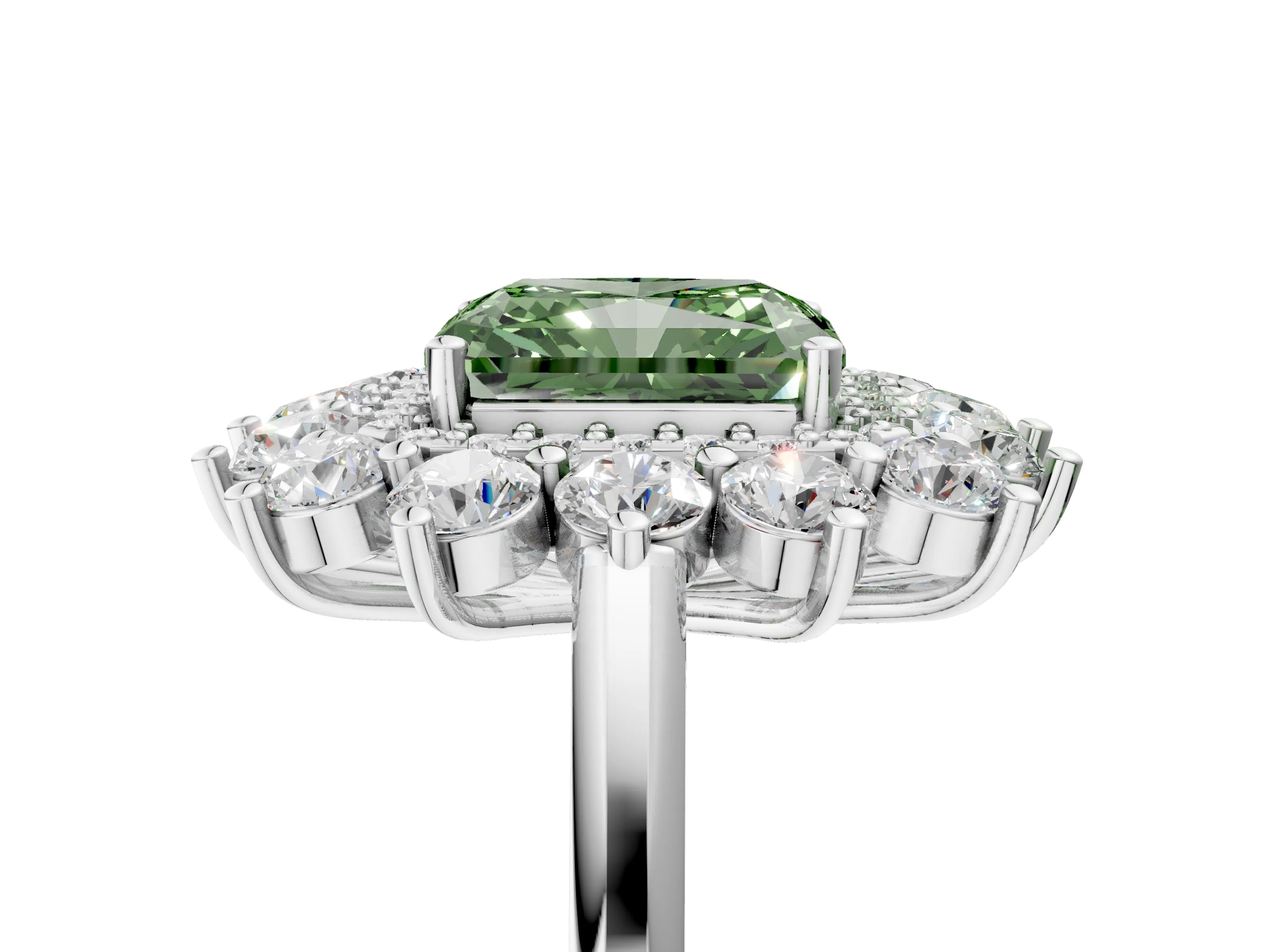 White gold Fancy Green Radiant Cut Halo Cluster Diamond Ring with Pave Band and Four-Prong Setting_5