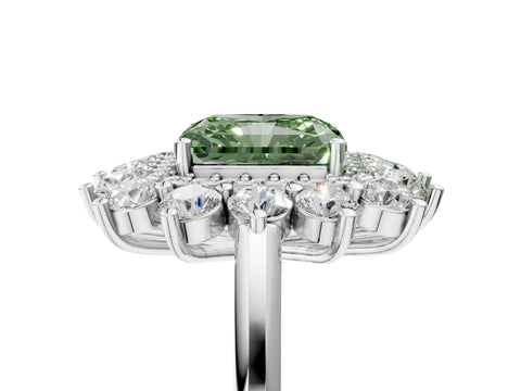 White gold Fancy Green Radiant Cut Halo Cluster Diamond Ring with Pave Band and Four-Prong Setting_5