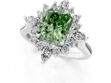 White gold Fancy Green Radiant Cut Halo Diamond Cluster Ring with Marquise and Round Stones on a White Gold Band with Prong Setting_1