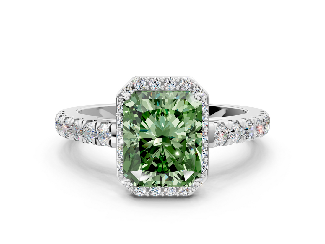White gold Fancy Green Radiant  Cut Halo Diamond Engagement Ring with Pave Band and Four-Prong Setting_28