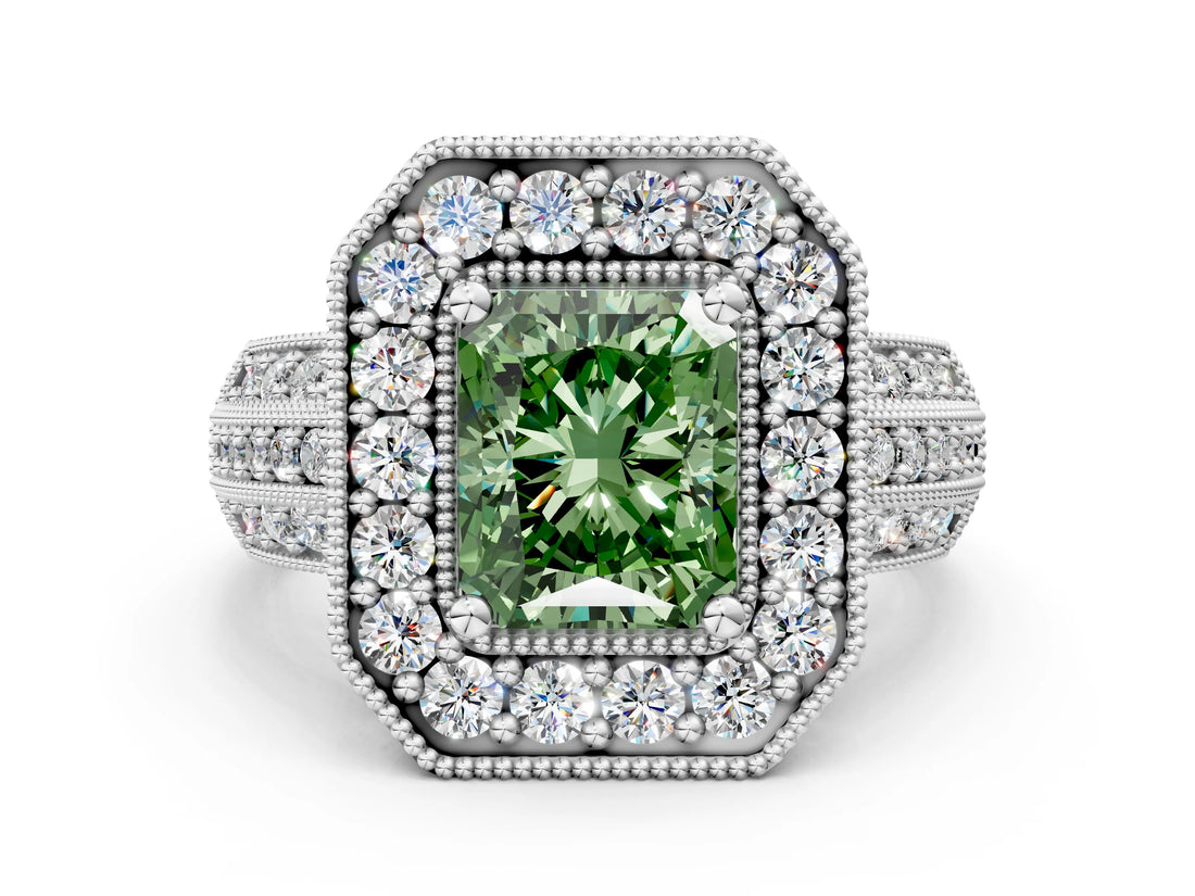White gold Fancy Green Radiant Cut Halo Diamond Engagement Ring with Pave Split Shank and Four-Prong Setting