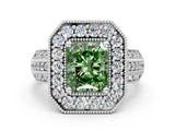 White gold Fancy Green Radiant Cut Halo Diamond Engagement Ring with Pave Split Shank and Four-Prong Setting
