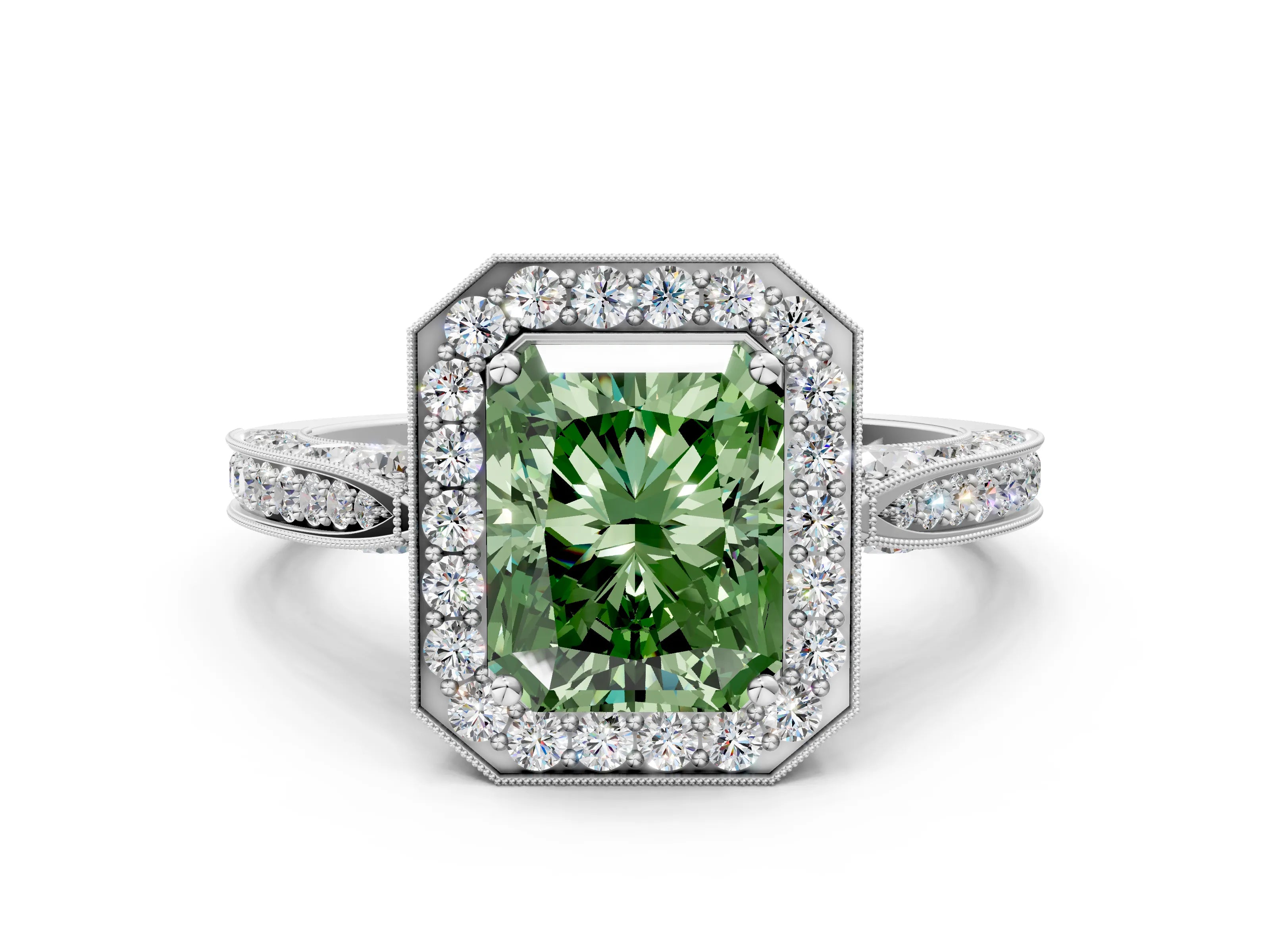 White gold Fancy Green Radiant Cut Halo Diamond Engagement Ring with Split Shank Band and Four-Prong Setting