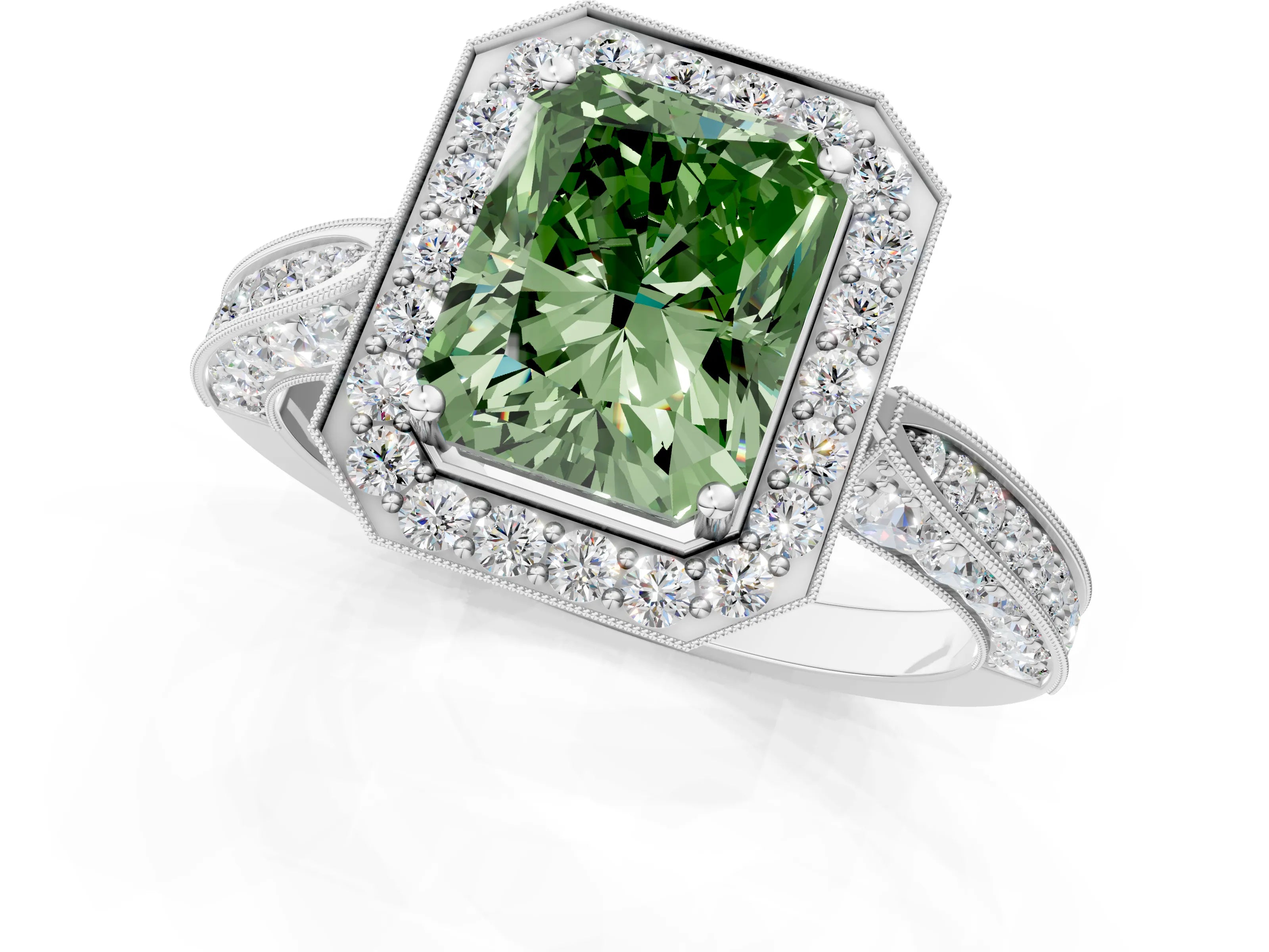 White gold Fancy Green Radiant Cut Halo Diamond Engagement Ring with Split Shank Band and Four-Prong Setting_1