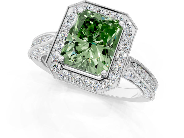 White gold Fancy Green Radiant Cut Halo Diamond Engagement Ring with Split Shank Band and Four-Prong Setting