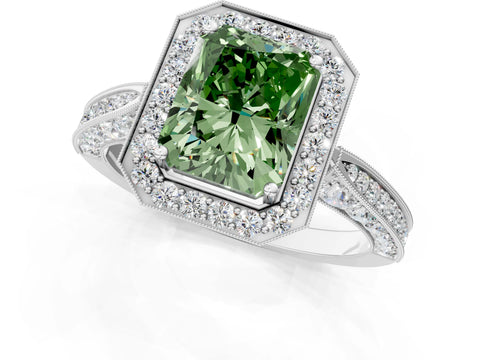 White gold Fancy Green Radiant Cut Halo Diamond Engagement Ring with Split Shank Band and Four-Prong Setting_1
