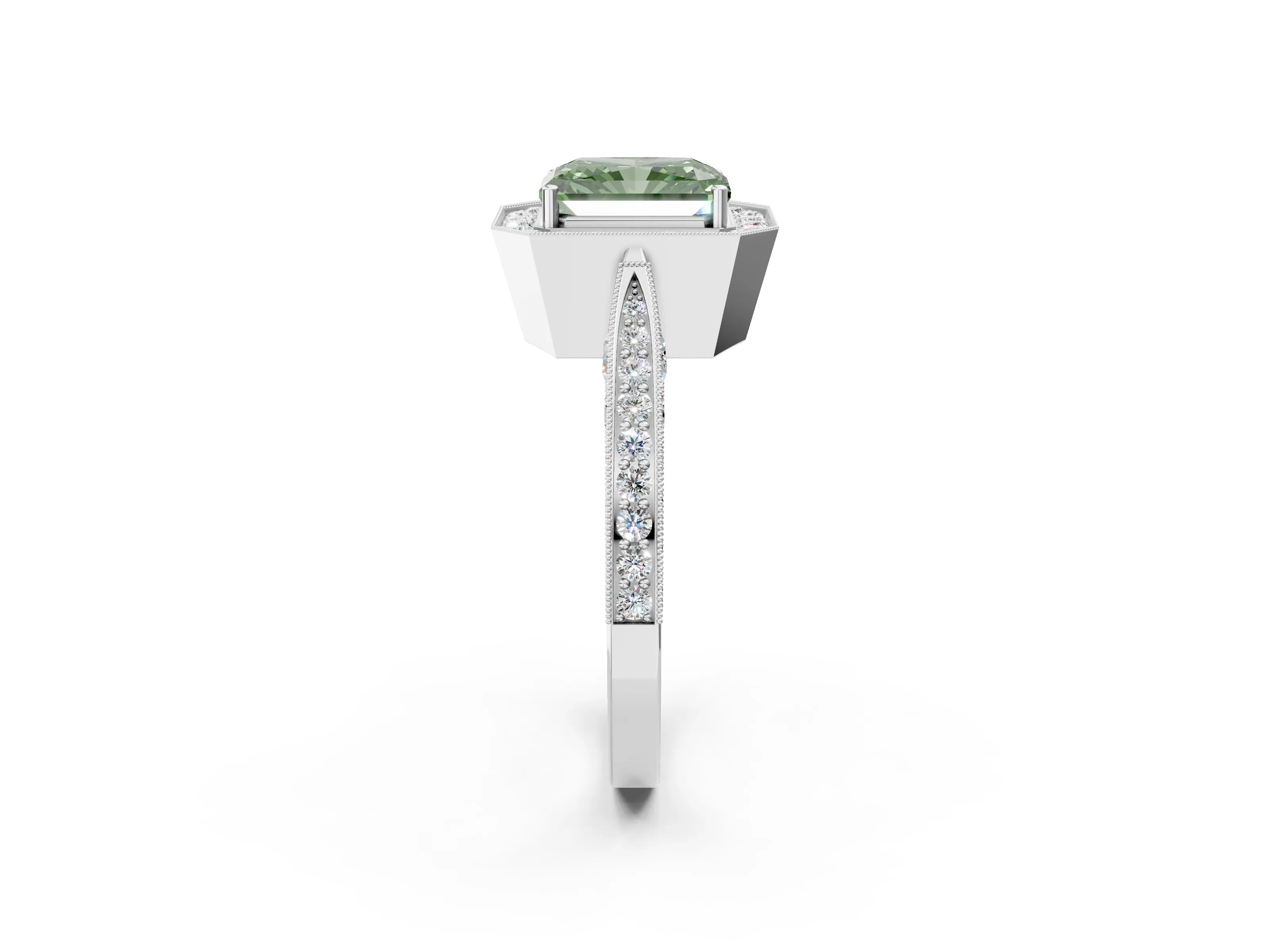 White gold Fancy Green Radiant Cut Halo Diamond Engagement Ring with Split Shank Band and Four-Prong Setting_2