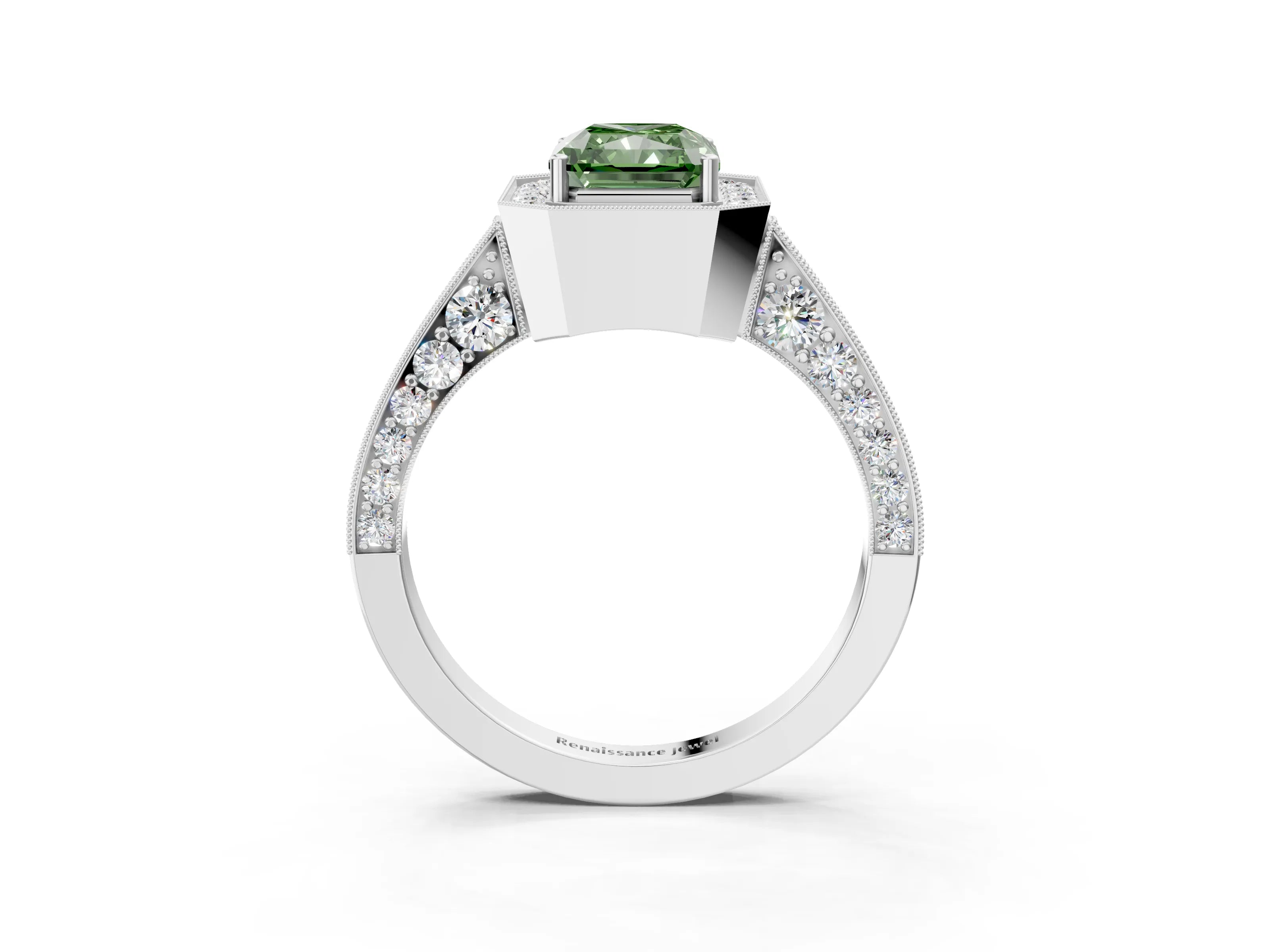 White gold Fancy Green Radiant Cut Halo Diamond Engagement Ring with Split Shank Band and Four-Prong Setting_3