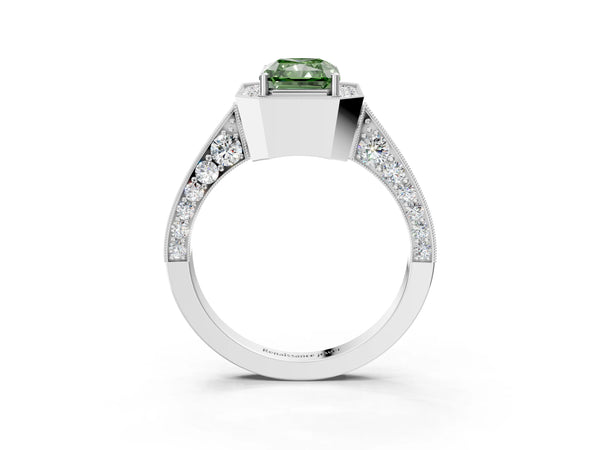 White gold Fancy Green Radiant Cut Halo Diamond Engagement Ring with Split Shank Band and Four-Prong Setting