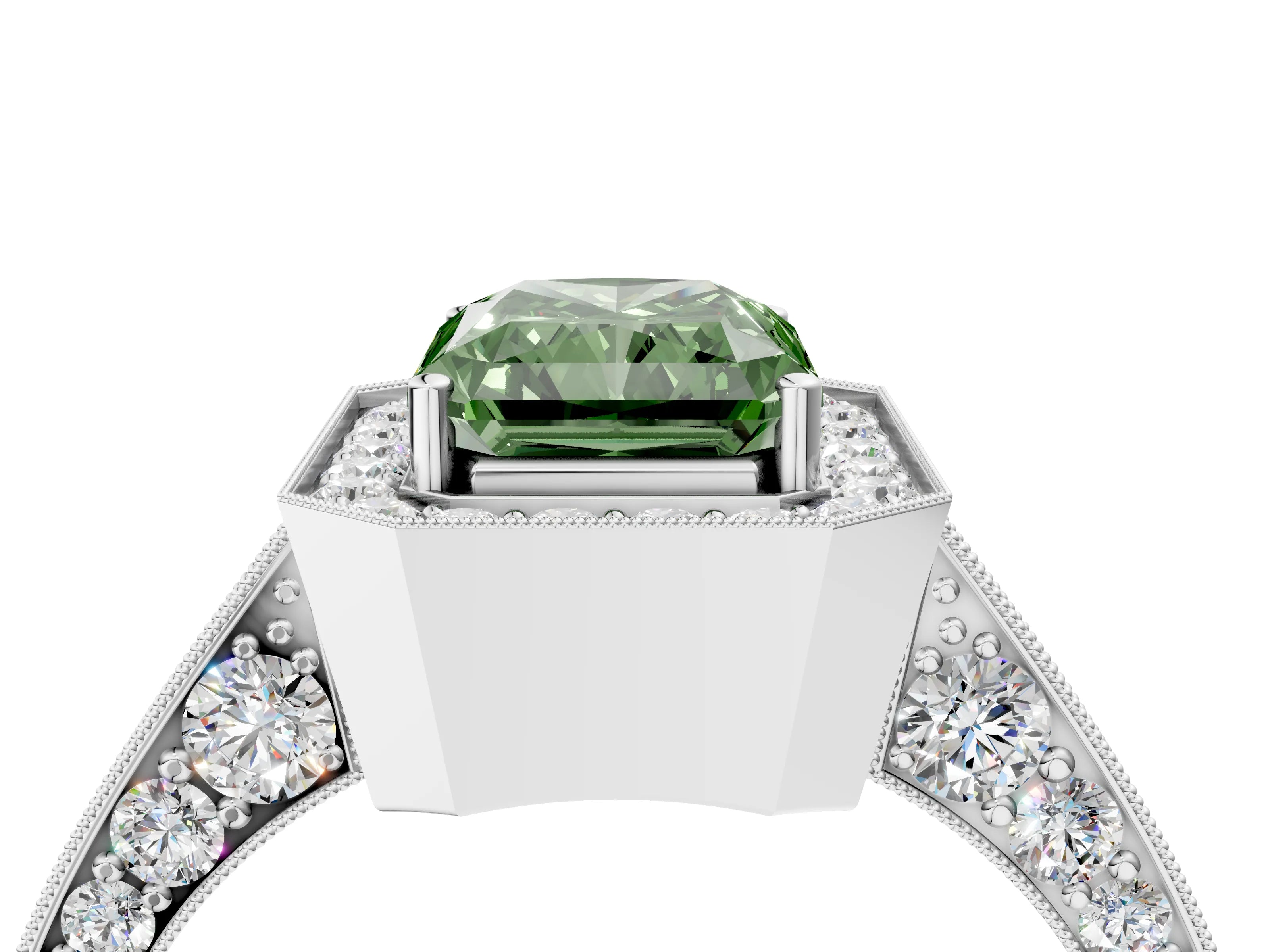 White gold Fancy Green Radiant Cut Halo Diamond Engagement Ring with Split Shank Band and Four-Prong Setting_4