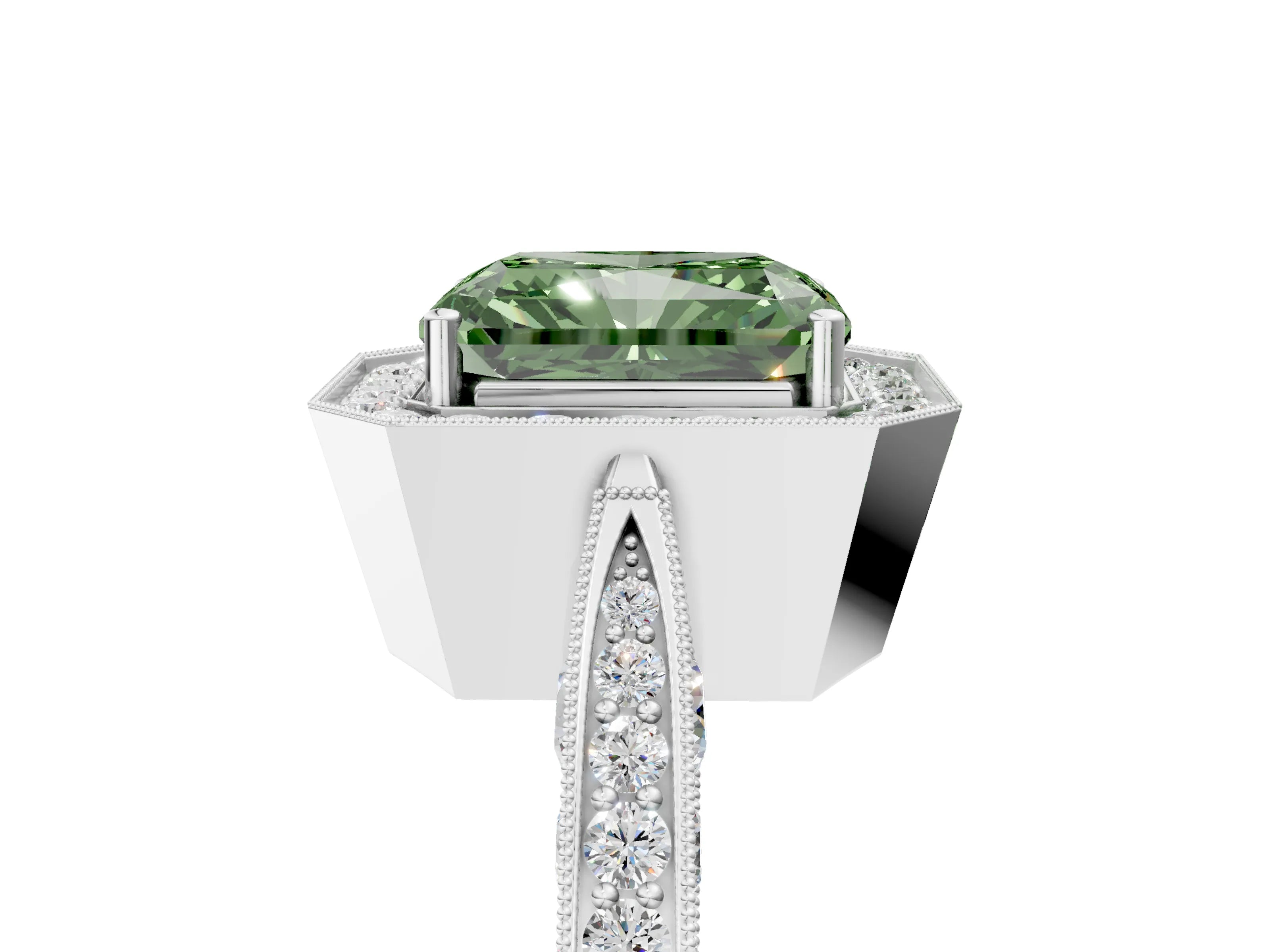 White gold Fancy Green Radiant Cut Halo Diamond Engagement Ring with Split Shank Band and Four-Prong Setting_5