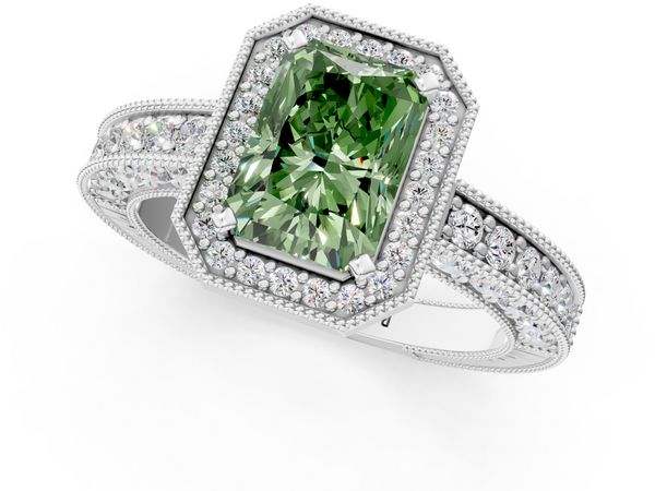 Platinum Fancy Green Radiant  Cut Halo Diamond Pave Band Ring with Four-Prong Setting