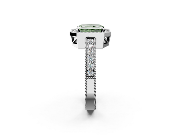 Platinum Fancy Green Radiant  Cut Halo Diamond Pave Band Ring with Four-Prong Setting