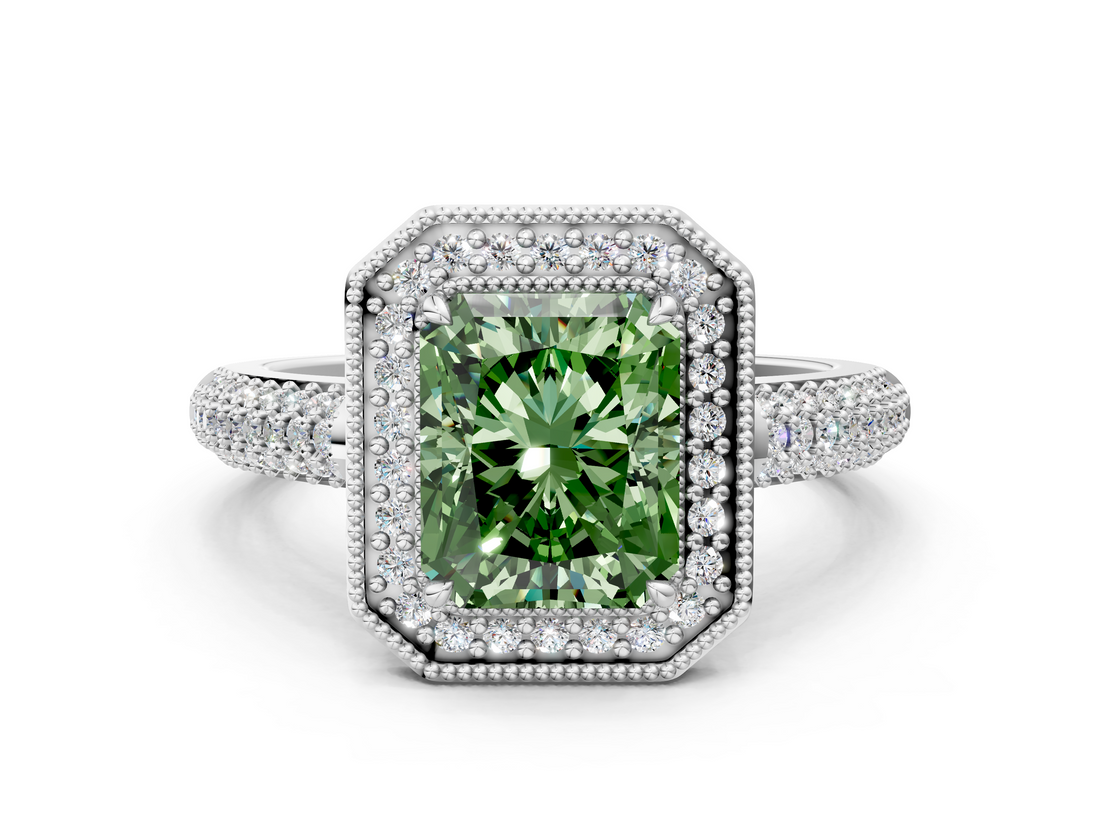 White gold Fancy Green Radiant  Cut Halo Diamond Pave Band with Four-Prong Setting_37