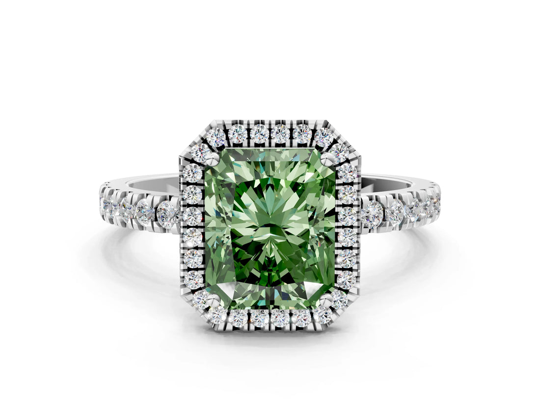 White gold Fancy Green Radiant Cut Halo Diamond Pave Band with Prong Setting
