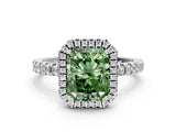 White gold Fancy Green Radiant Cut Halo Diamond Pave Band with Prong Setting