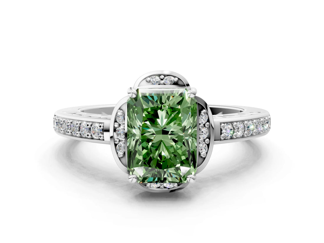 White gold Fancy Green Radiant  Cut Halo Diamond Ring with Channel Set Band and Four-Prong Setting_48