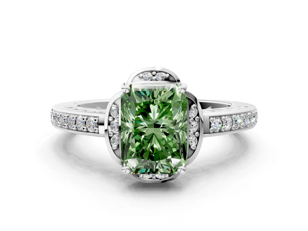 Platinum Fancy Green Radiant  Cut Halo Diamond Ring with Channel Set Band and Four-Prong Setting
