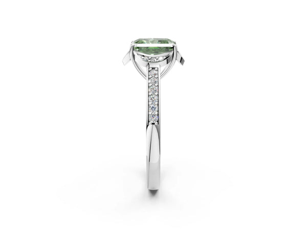 Platinum Fancy Green Radiant  Cut Halo Diamond Ring with Channel Set Band and Four-Prong Setting
