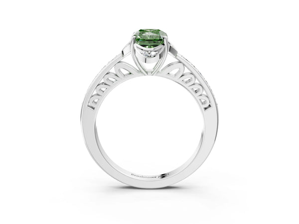 Platinum Fancy Green Radiant  Cut Halo Diamond Ring with Channel Set Band and Four-Prong Setting