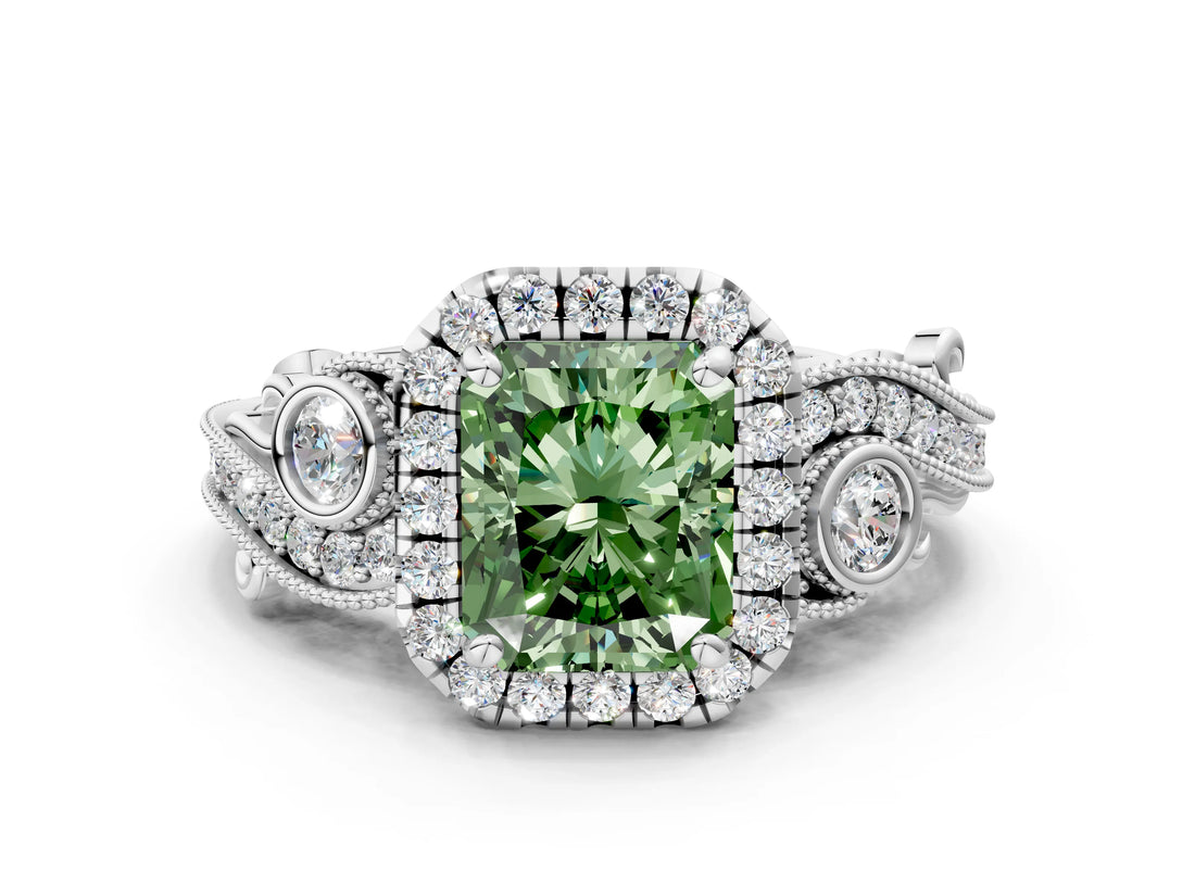 White gold Fancy Green Radiant Cut Halo Diamond Ring with Milgrain and Bezel Accents on a Split Shank Band_12