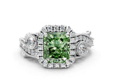 White gold Fancy Green Radiant Cut Halo Diamond Ring with Milgrain and Bezel Accents on a Split Shank Band_12