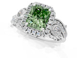White gold Fancy Green Radiant Cut Halo Diamond Ring with Milgrain and Bezel Accents on a Split Shank Band_13