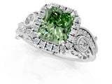 White gold Fancy Green Radiant Cut Halo Diamond Ring with Milgrain and Bezel Accents on a Split Shank Band_13