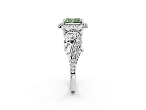 Platinum Fancy Green Radiant Cut Halo Diamond Ring with Milgrain and Bezel Accents on a Split Shank Band