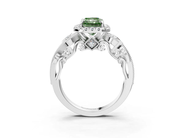 Platinum Fancy Green Radiant Cut Halo Diamond Ring with Milgrain and Bezel Accents on a Split Shank Band