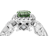 White gold Fancy Green Radiant Cut Halo Diamond Ring with Milgrain and Bezel Accents on a Split Shank Band_16
