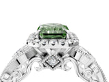 White gold Fancy Green Radiant Cut Halo Diamond Ring with Milgrain and Bezel Accents on a Split Shank Band_16