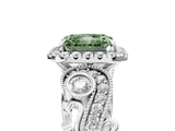 White gold Fancy Green Radiant Cut Halo Diamond Ring with Milgrain and Bezel Accents on a Split Shank Band_17