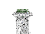 White gold Fancy Green Radiant Cut Halo Diamond Ring with Milgrain and Bezel Accents on a Split Shank Band_17