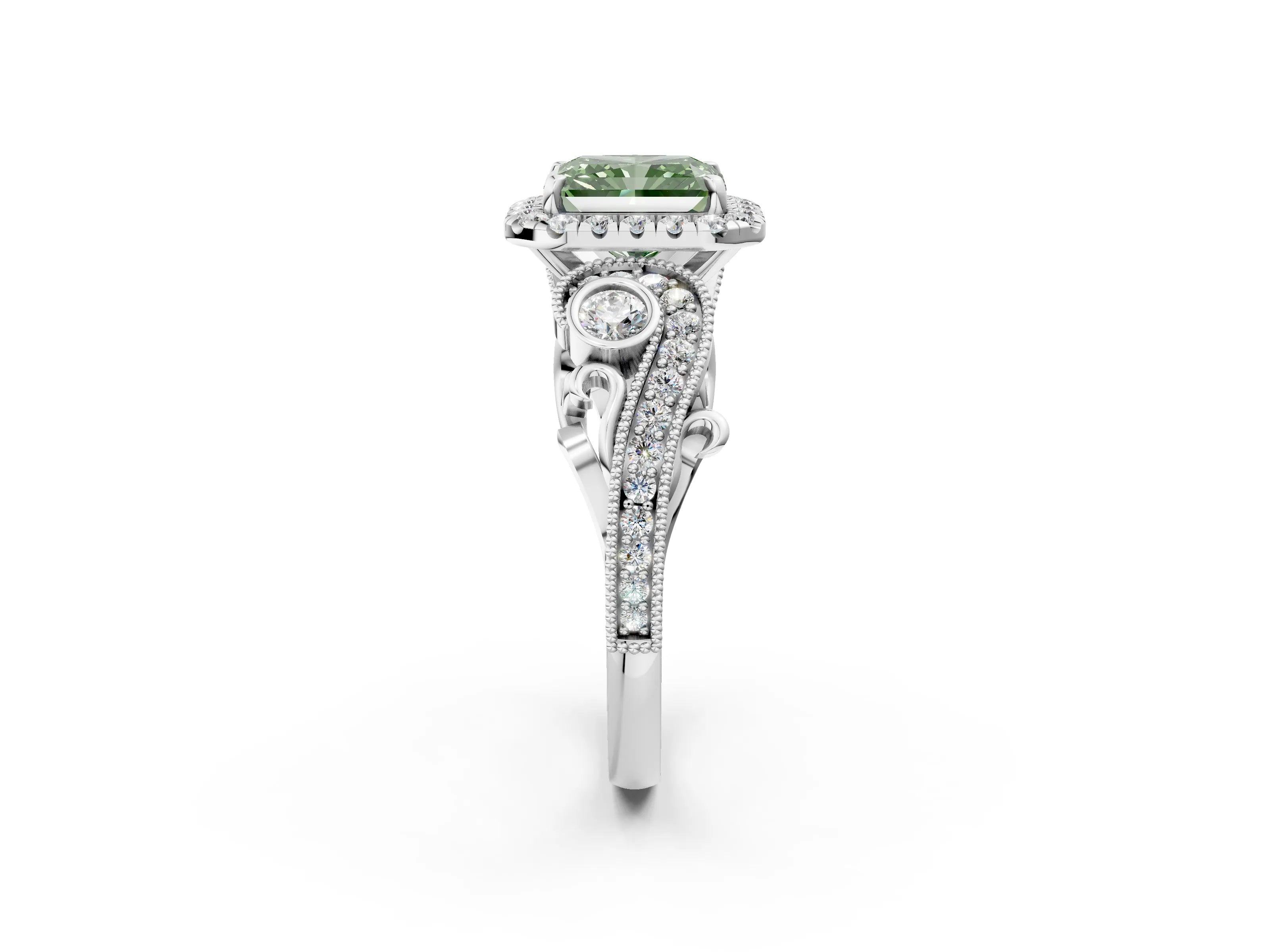 White gold Fancy Green Radiant Cut Halo Diamond Ring with Milgrain and Bezel Accents on a Split Shank Band_2
