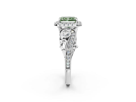White gold Fancy Green Radiant Cut Halo Diamond Ring with Milgrain and Bezel Accents on a Split Shank Band_2