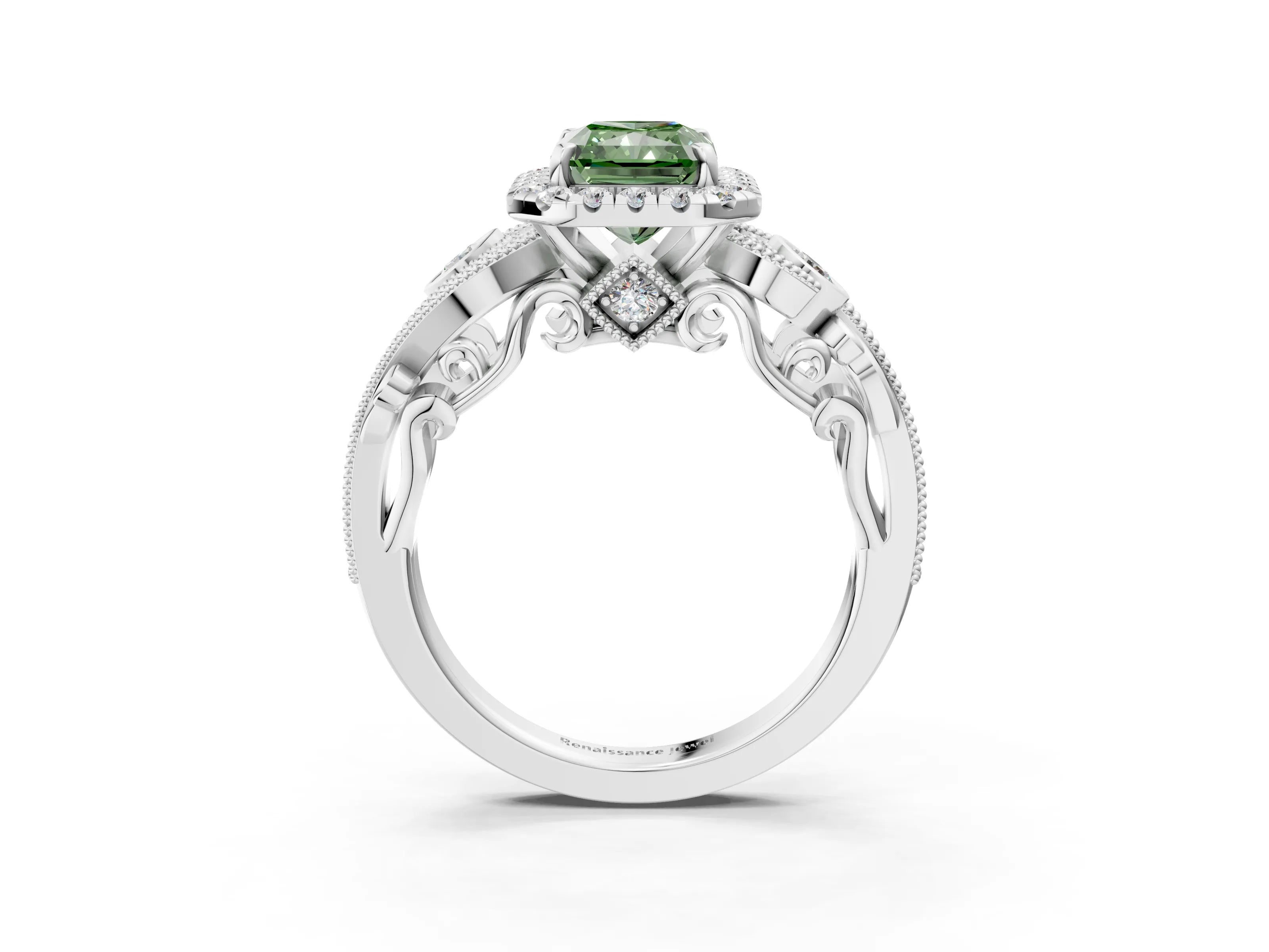 White gold Fancy Green Radiant Cut Halo Diamond Ring with Milgrain and Bezel Accents on a Split Shank Band_3