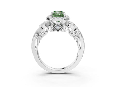 White gold Fancy Green Radiant Cut Halo Diamond Ring with Milgrain and Bezel Accents on a Split Shank Band_3