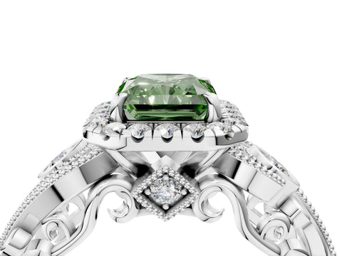 White gold Fancy Green Radiant Cut Halo Diamond Ring with Milgrain and Bezel Accents on a Split Shank Band_4